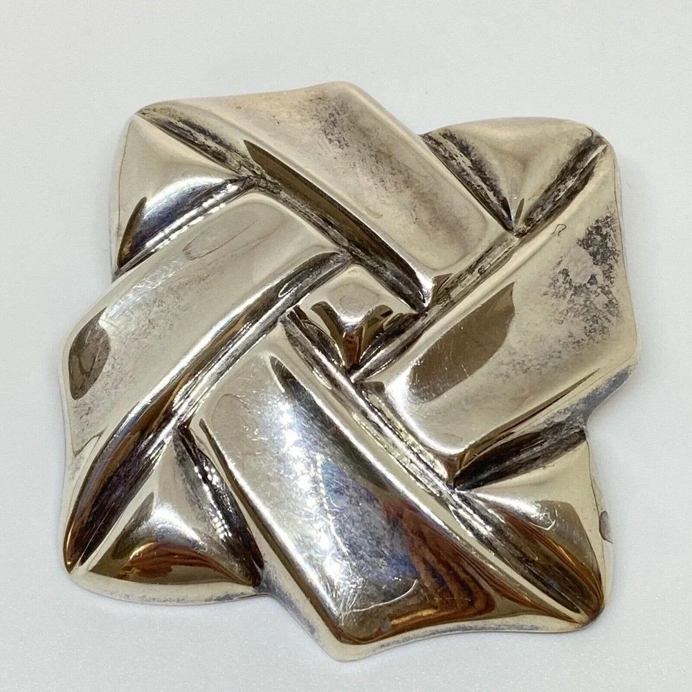 Taxco Mexico Vintage 925 Sterling Silver Large Twisted Square Heavy Brooch Pin